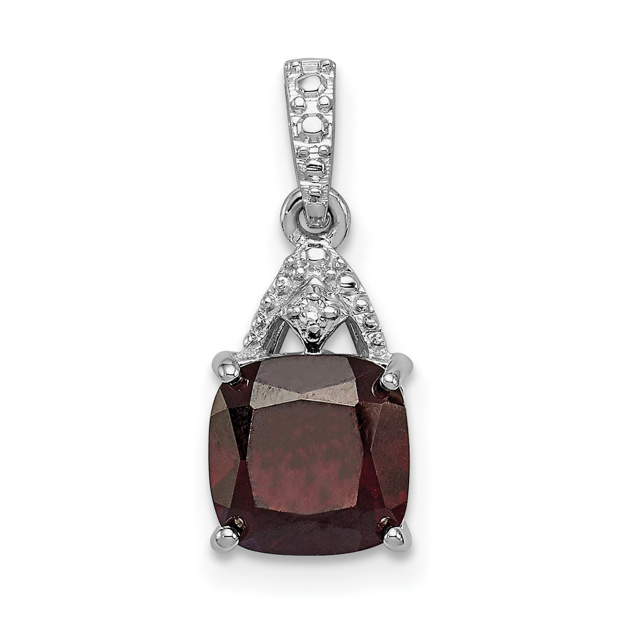 Sterling Silver Pendant with Cushion Cut Garnet and Diamond Accented Bail for Women