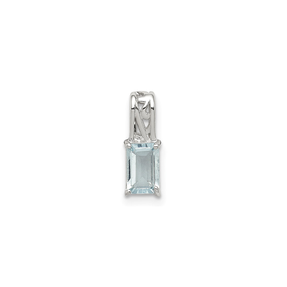 Sterling Silver Pendant with Aquamarine, Rectangle Cut, Floral Bail, Minimalist Filigree Design