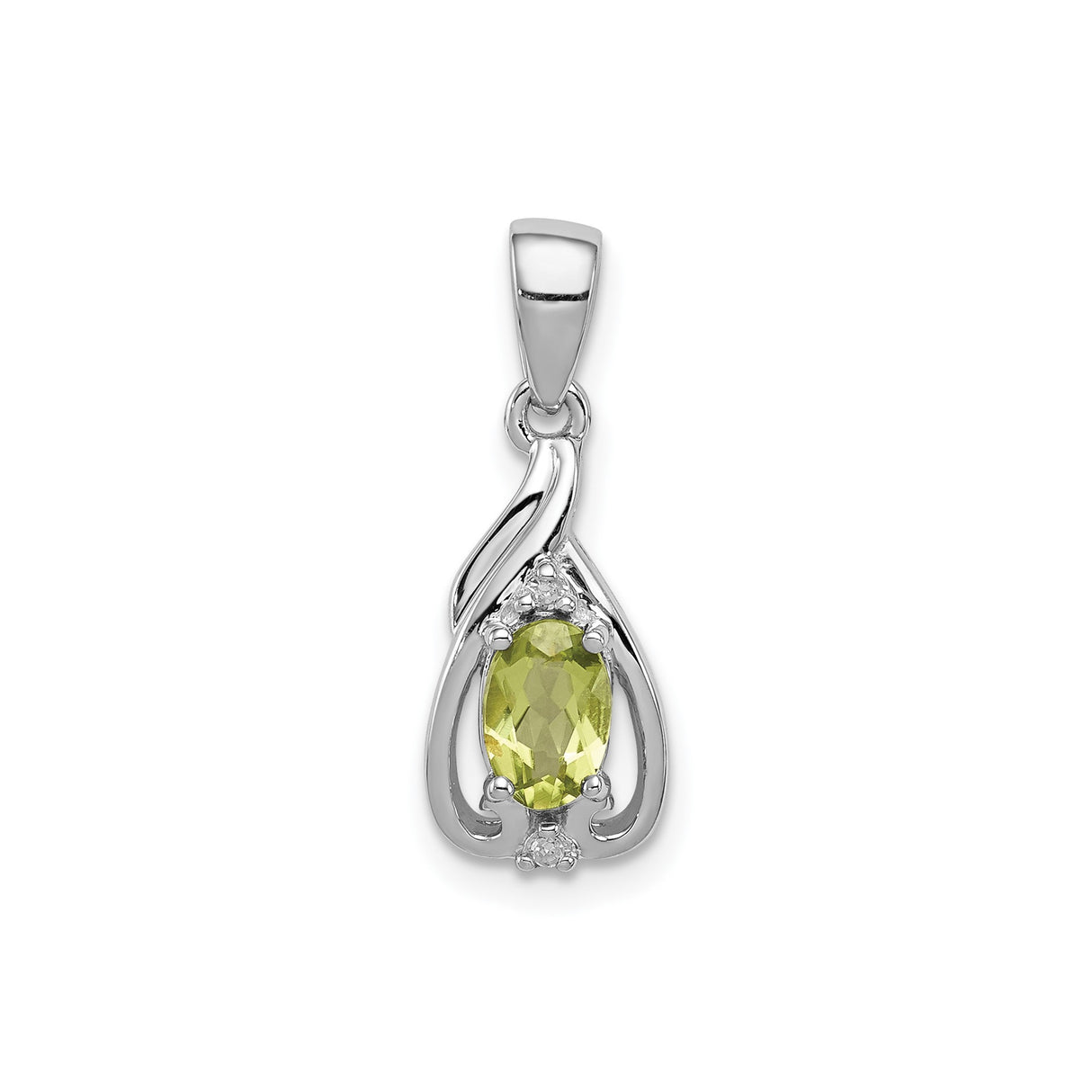 Sterling Silver Pendant with Peridot and Diamond, Oval Cut, Swirl and Filigree Design