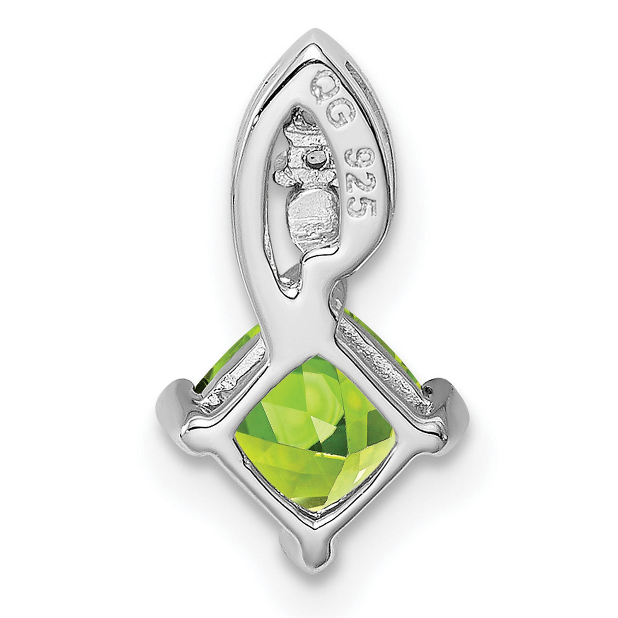 Sterling Silver Pendant with Peridot and Diamond, Cushion Cut, Heart Prong, Leaf Detail