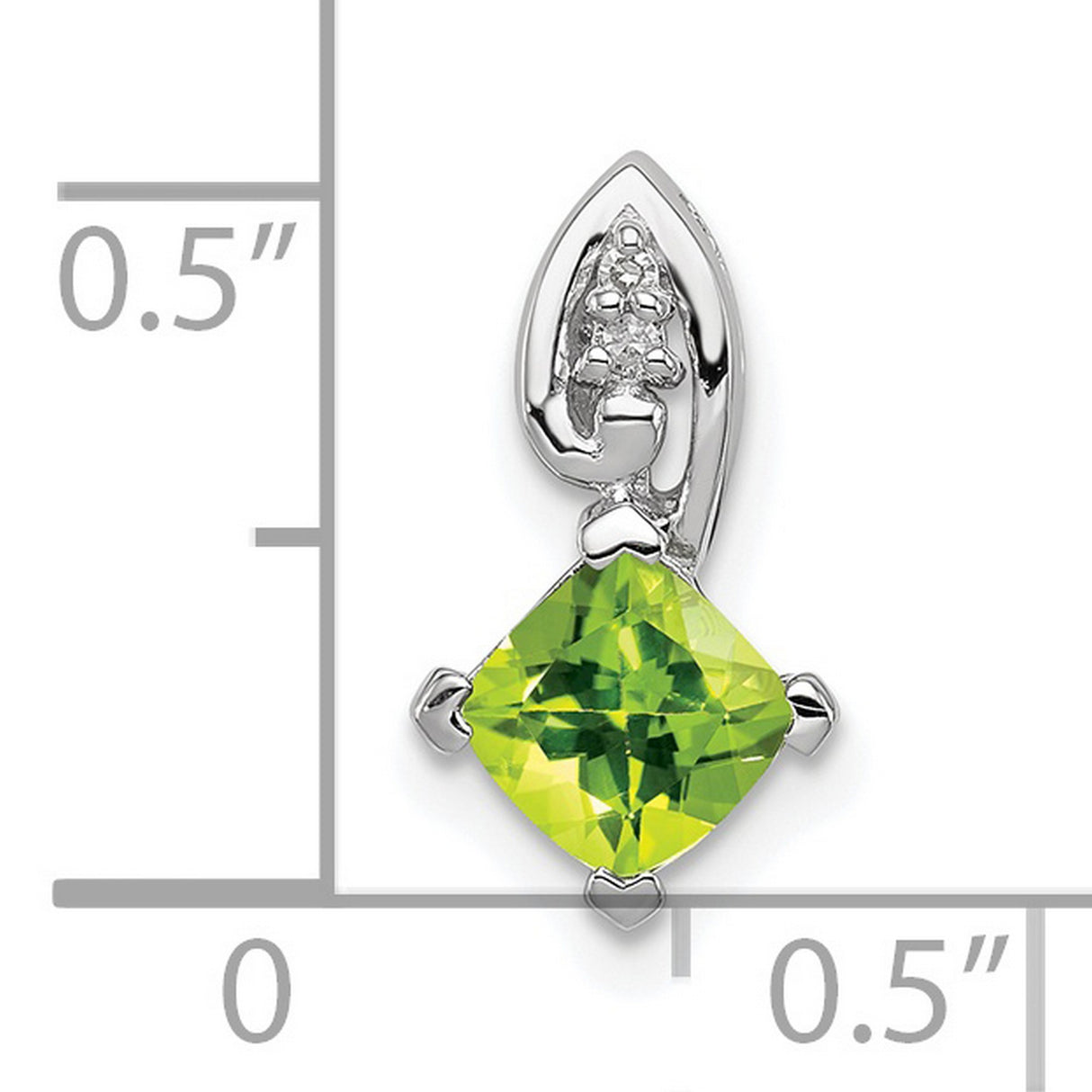 Sterling Silver Pendant with Peridot and Diamond, Cushion Cut, Heart Prong, Leaf Detail