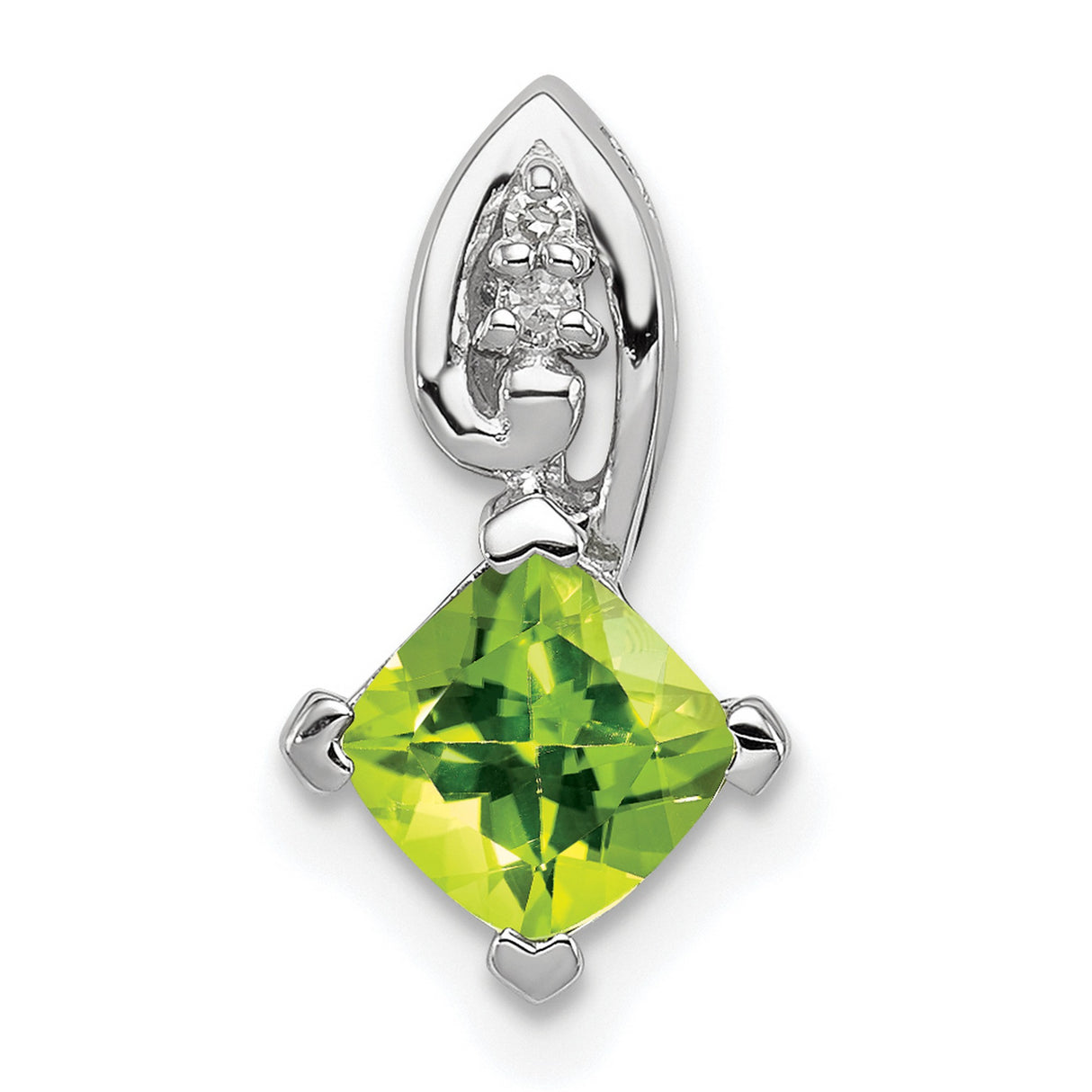 Sterling Silver Pendant with Peridot and Diamond, Cushion Cut, Heart Prong, Leaf Detail