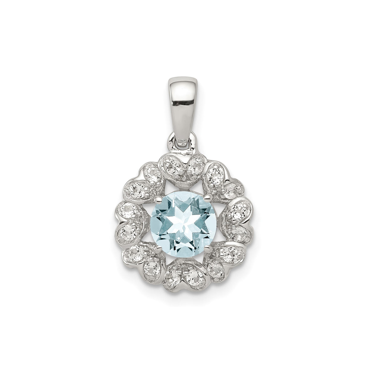 Sterling Silver Pendant with Aquamarine Center, Floral Heart Design and White Topaz Accents