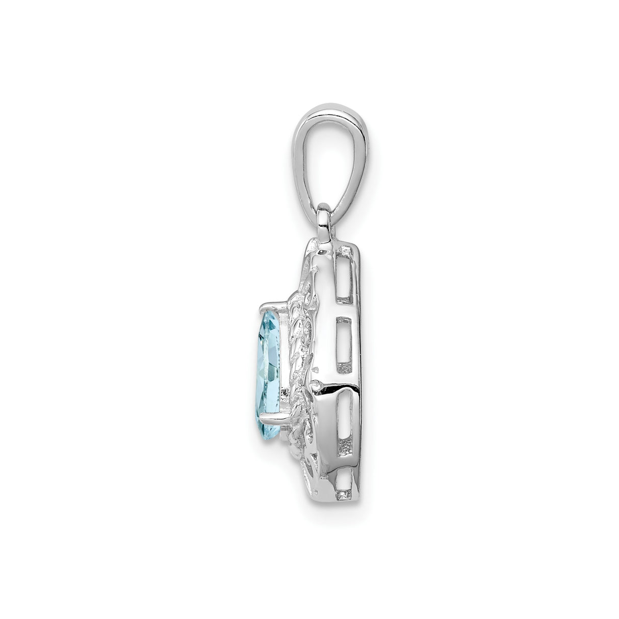 Sterling Silver Teardrop Pendant with Aquamarine, Filigree Scrollwork Design