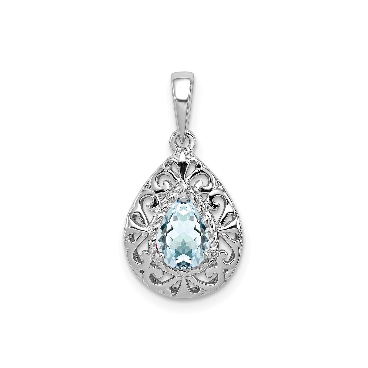 Sterling Silver Teardrop Pendant with Aquamarine, Filigree Scrollwork Design