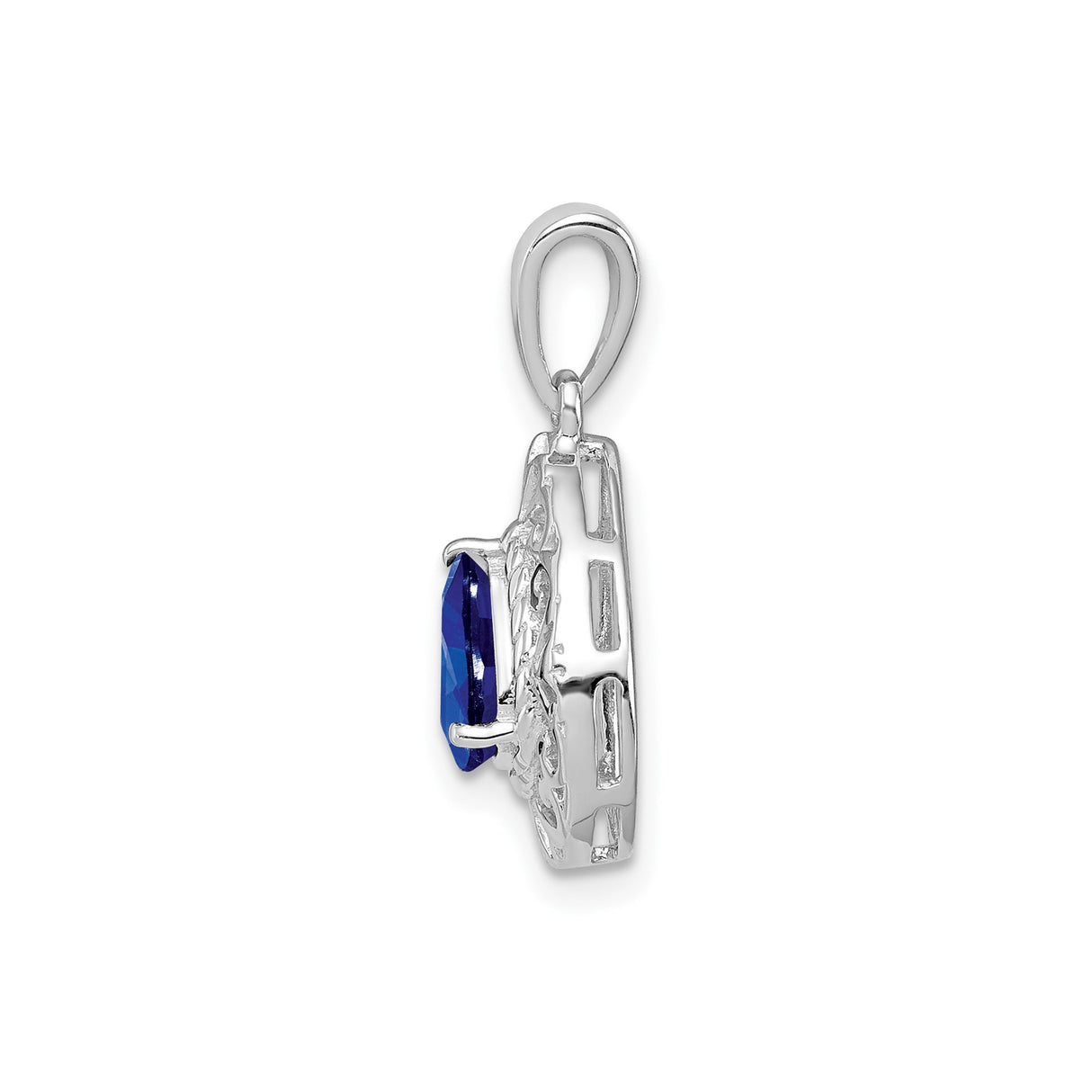 Sterling Silver Teardrop Pendant with Sapphire, Ornate Filigree Scrollwork, Vintage Style
