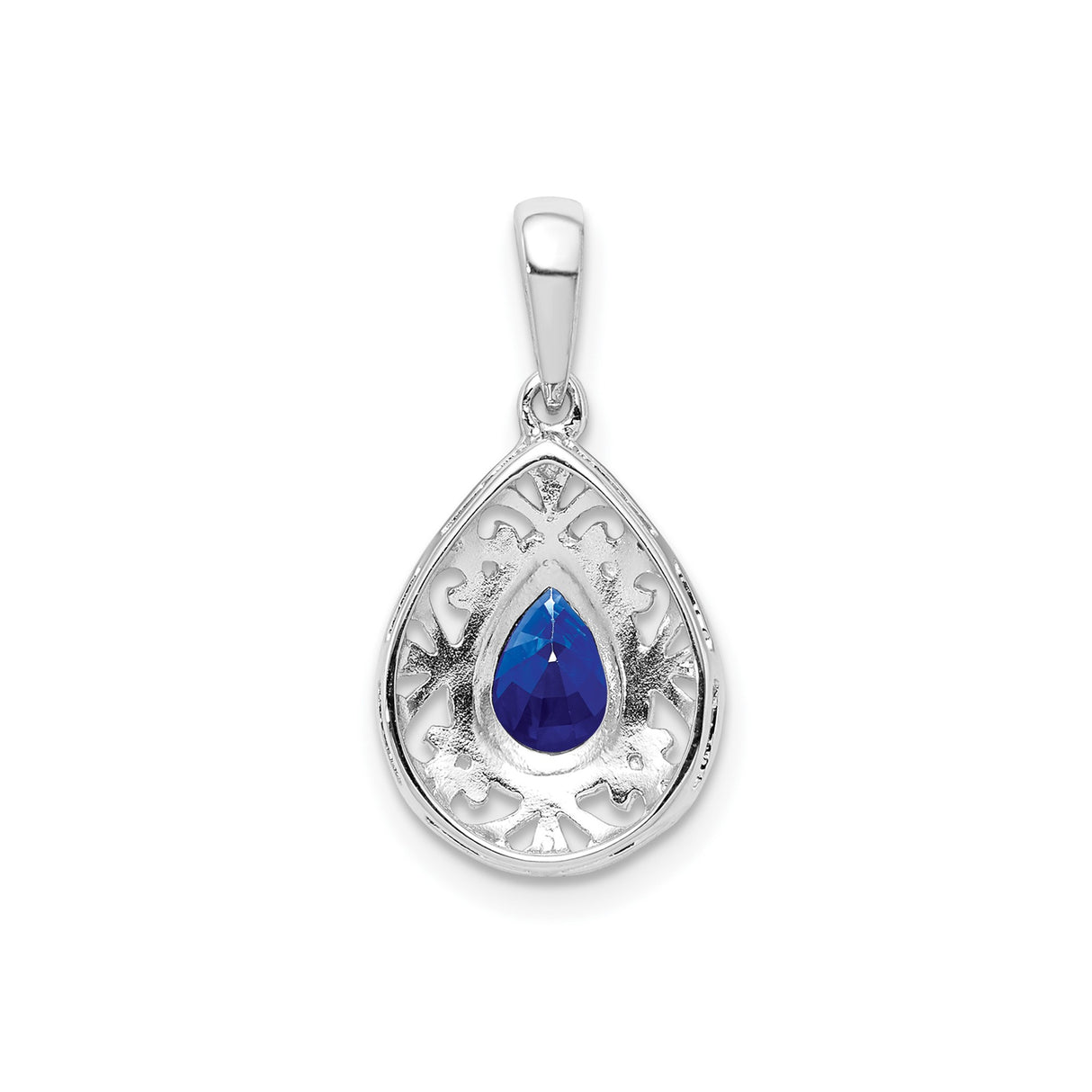 Sterling Silver Teardrop Pendant with Sapphire, Ornate Filigree Scrollwork, Vintage Style