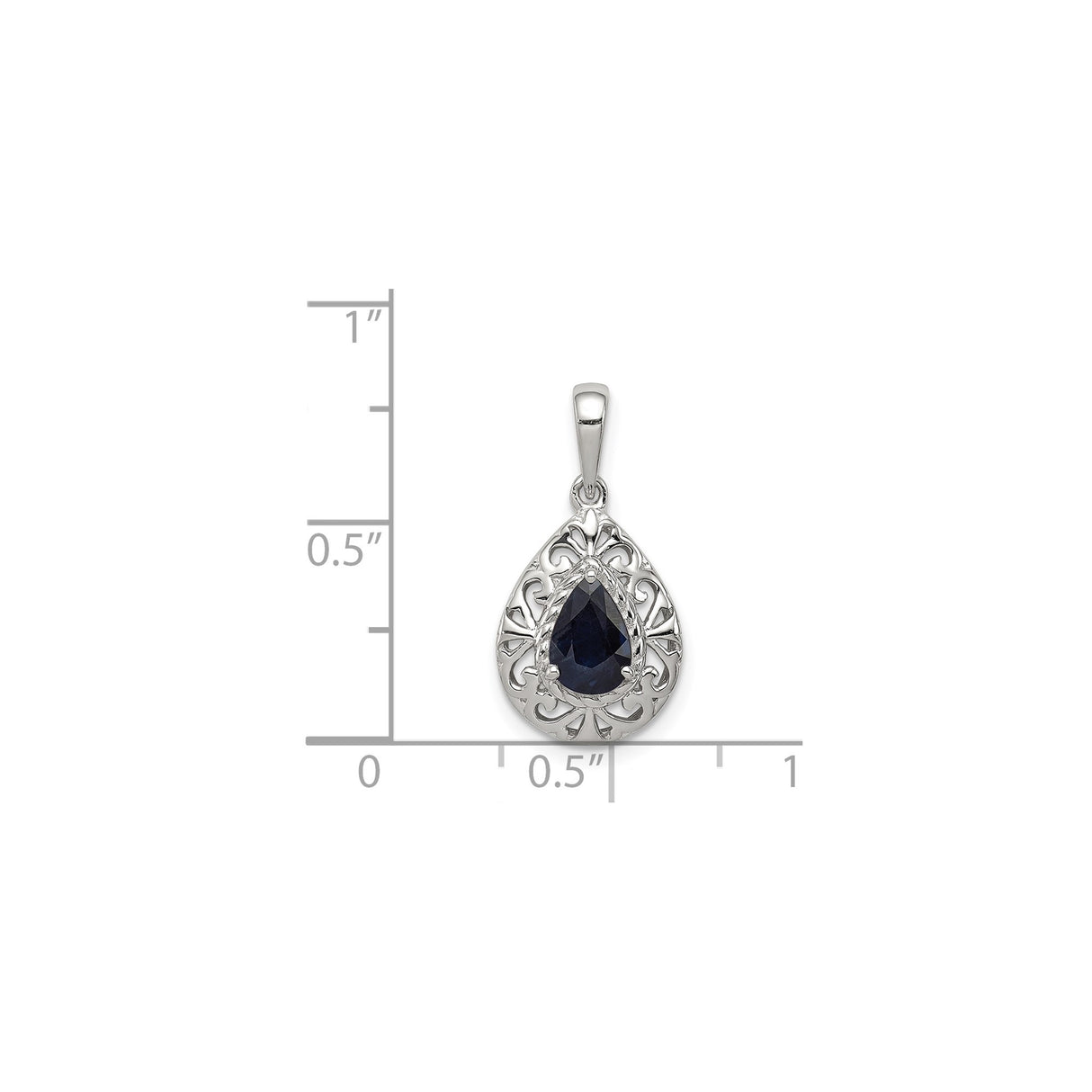 Sterling Silver Teardrop Pendant with Sapphire, Ornate Filigree Scrollwork, Vintage Style