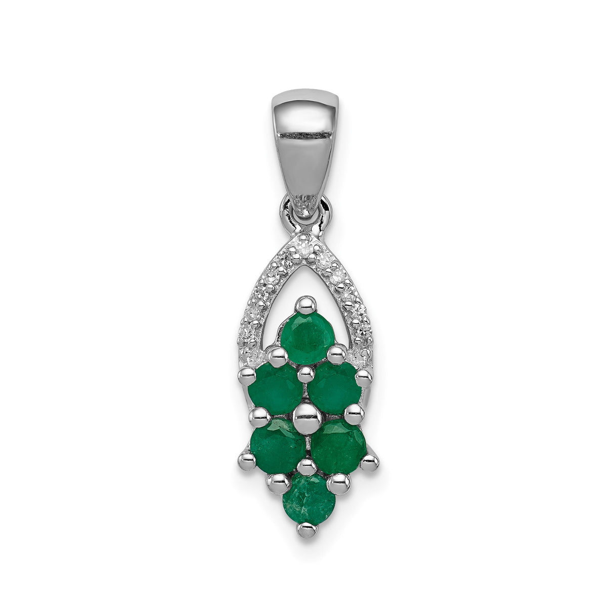 Sterling Silver Marquise Pendant with Emerald, Diamond Accents, Floral and Leaf Design