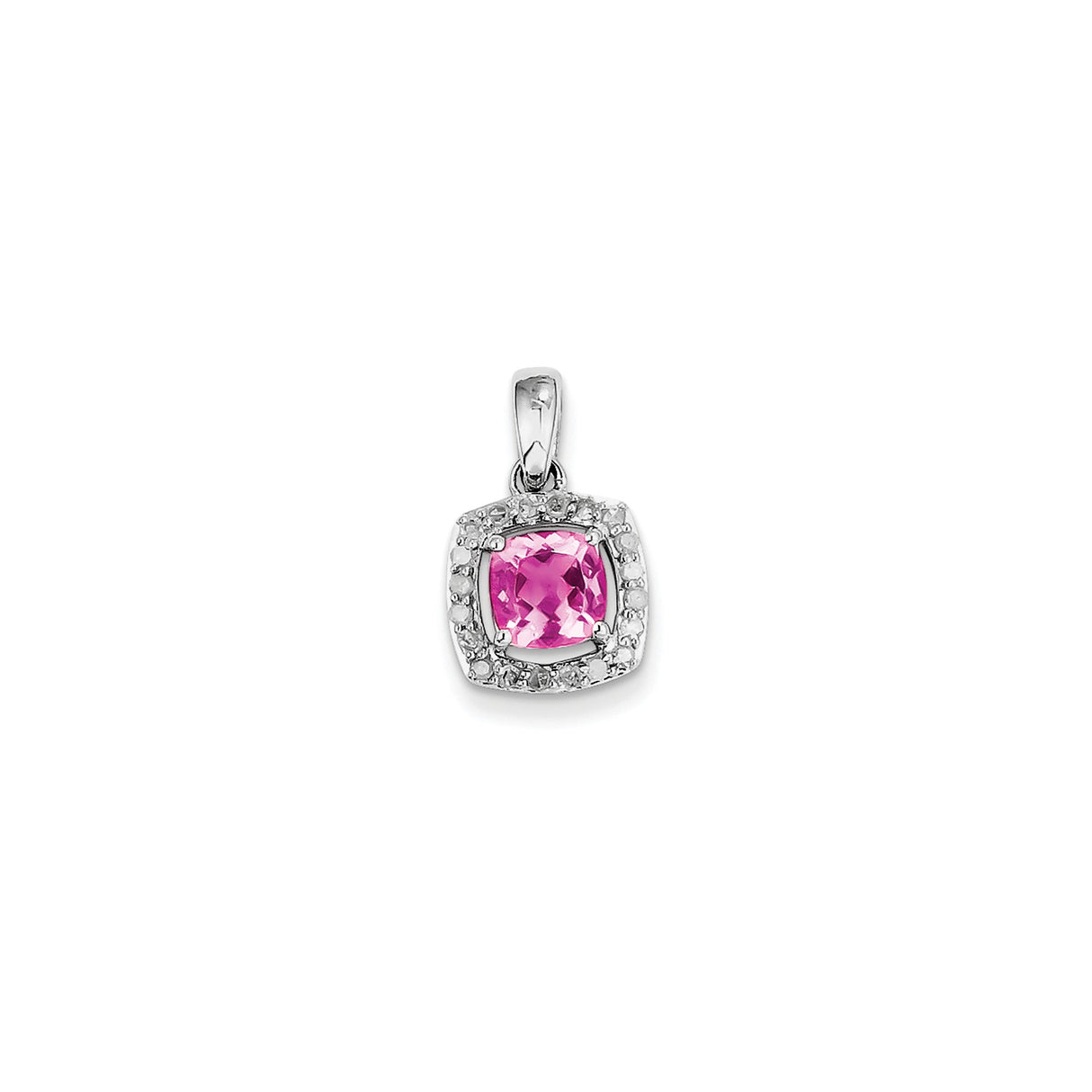 Sterling Silver Pendant with Cushion-Cut Pink Tourmaline and Diamond Halo Design