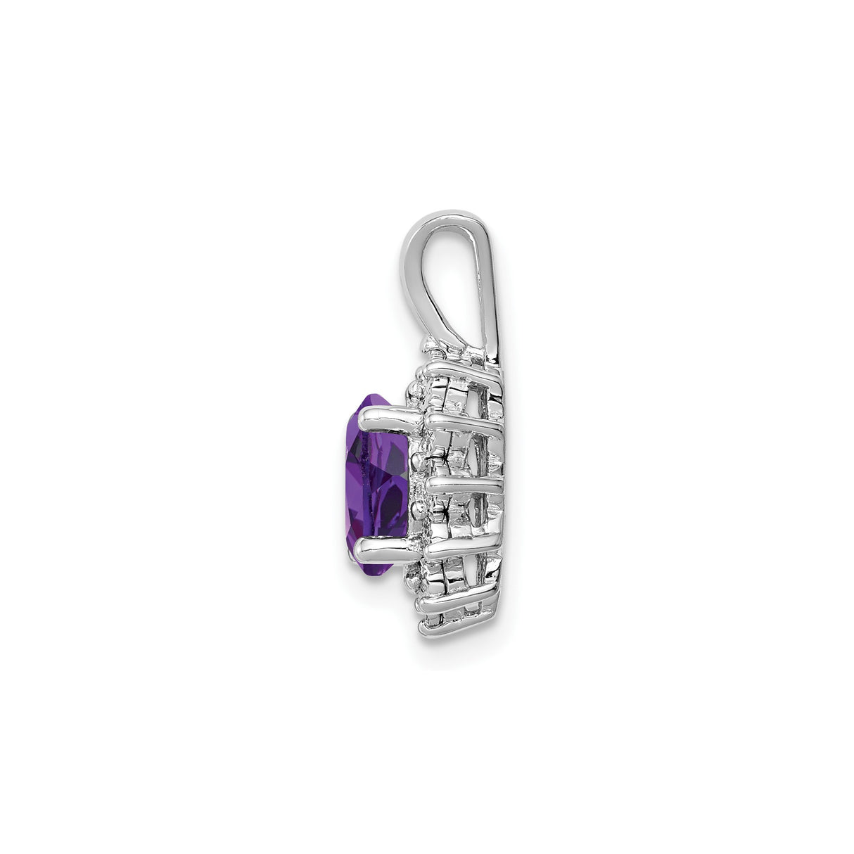 Sterling Silver Pendant with Oval Amethyst and Diamonds Halo, Floral Design