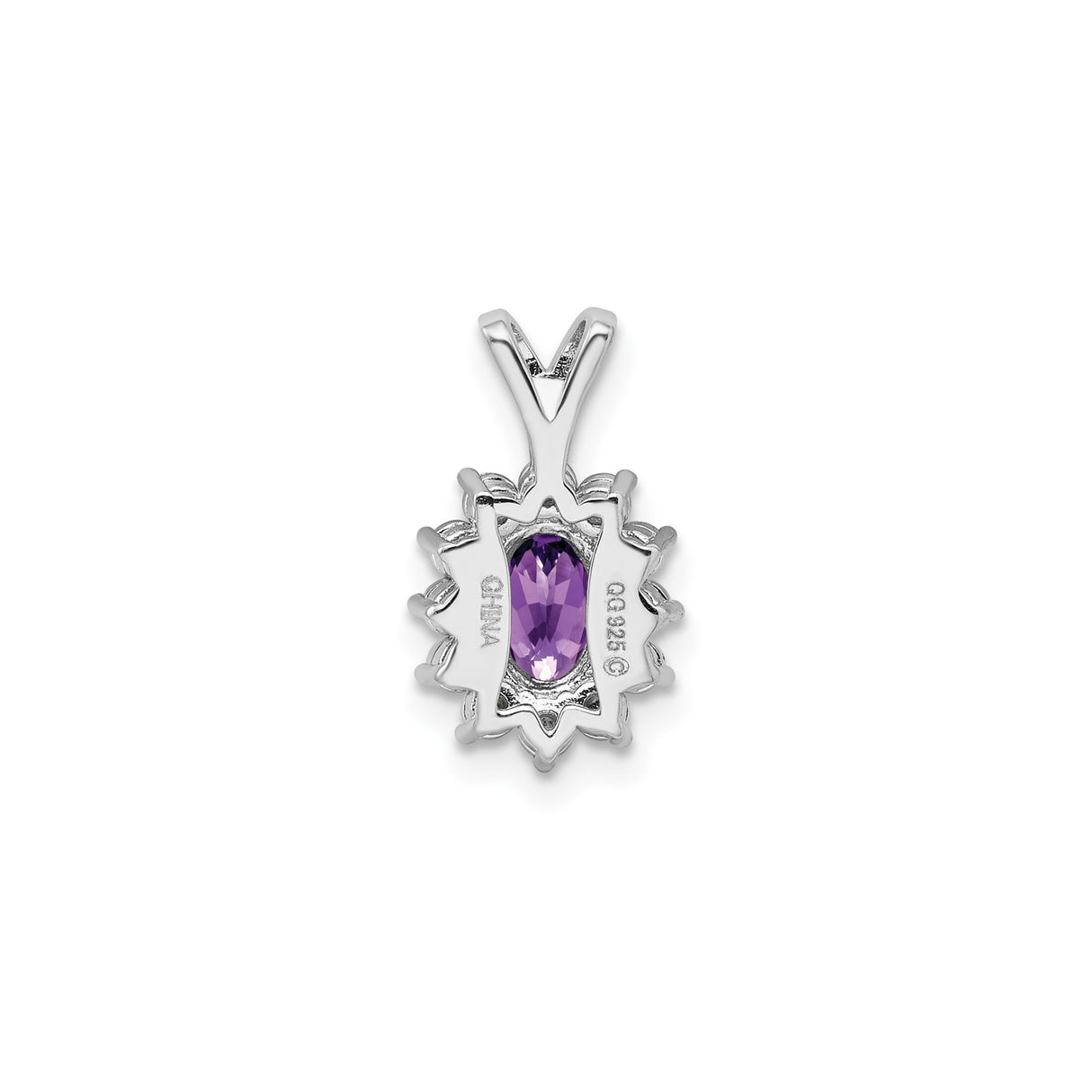 Sterling Silver Pendant with Oval Amethyst and Diamonds Halo, Floral Design