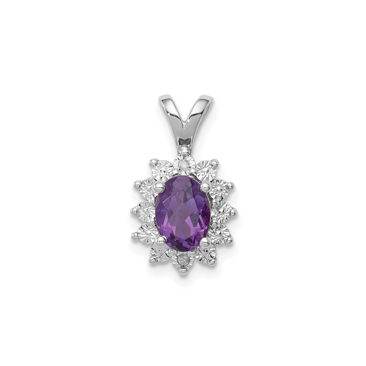 Sterling Silver Pendant with Oval Amethyst and Cubic Zirconia Halo, Floral Design