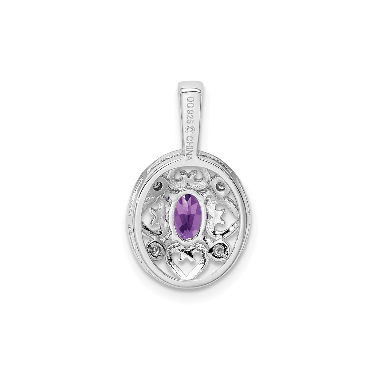 Sterling Silver Pendant with Oval Amethyst and Diamond Accents, Filigree Heart, Celtic Vintage Style