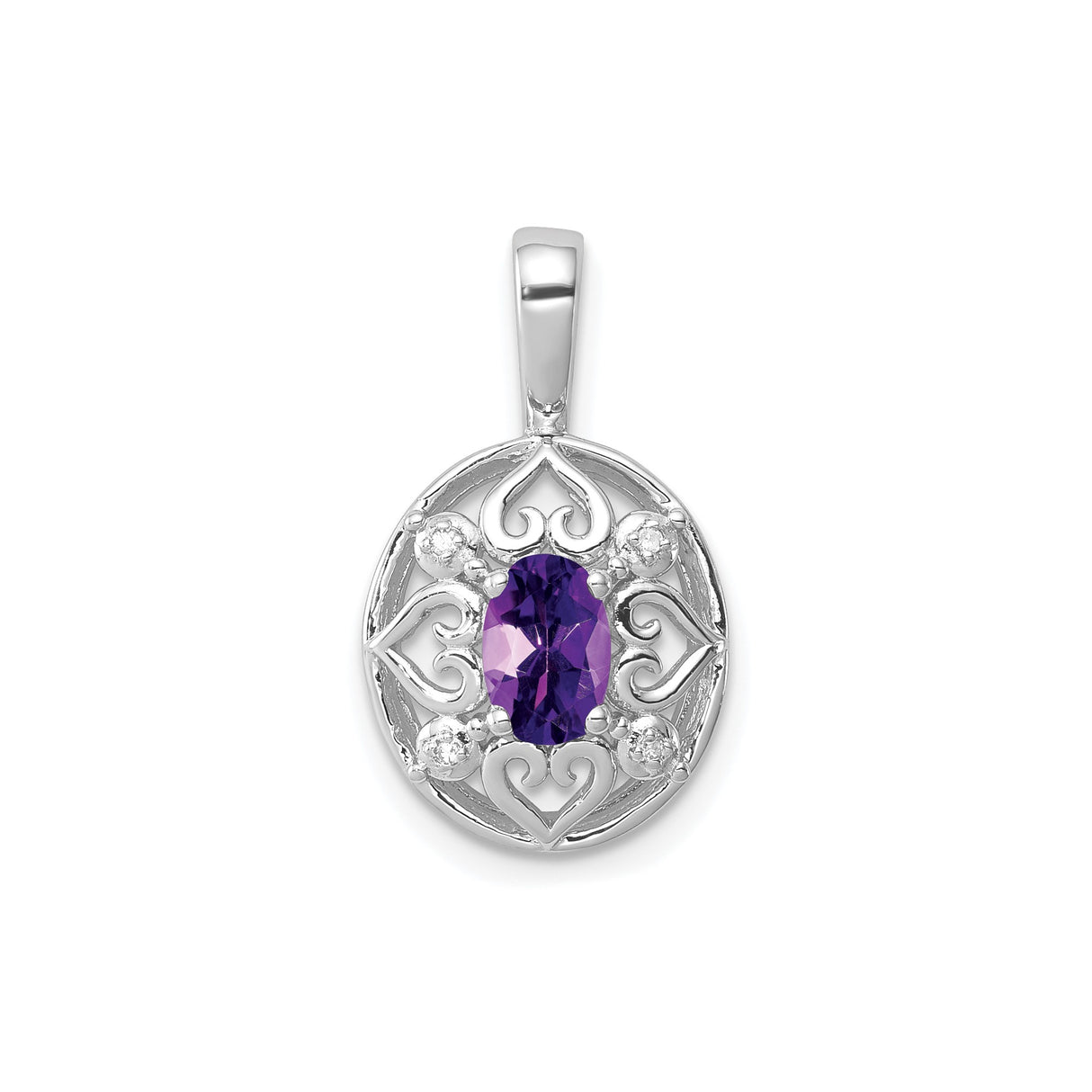 Sterling Silver Pendant with Oval Amethyst and Diamond Accents, Filigree Heart, Celtic Vintage Style