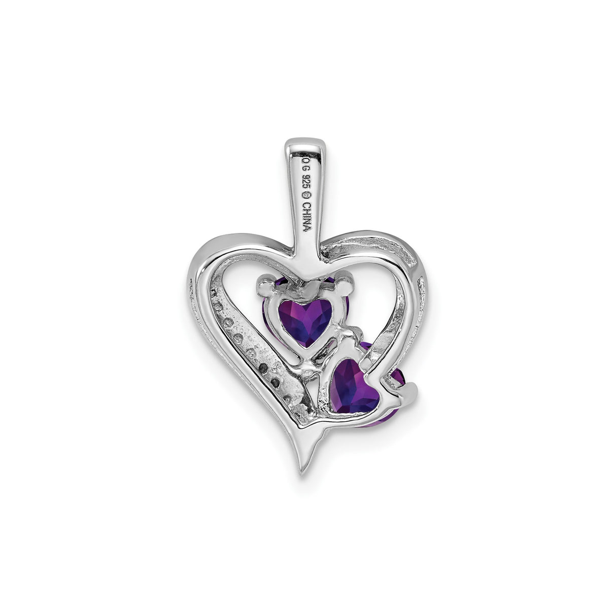Sterling Silver Heart Pendant with Amethyst and Diamond, Romantic Double Heart Design