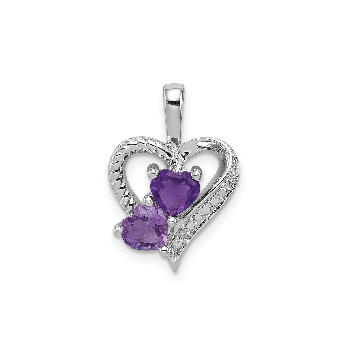 Sterling Silver Heart Pendant with Amethyst and Diamond, Romantic Double Heart Design