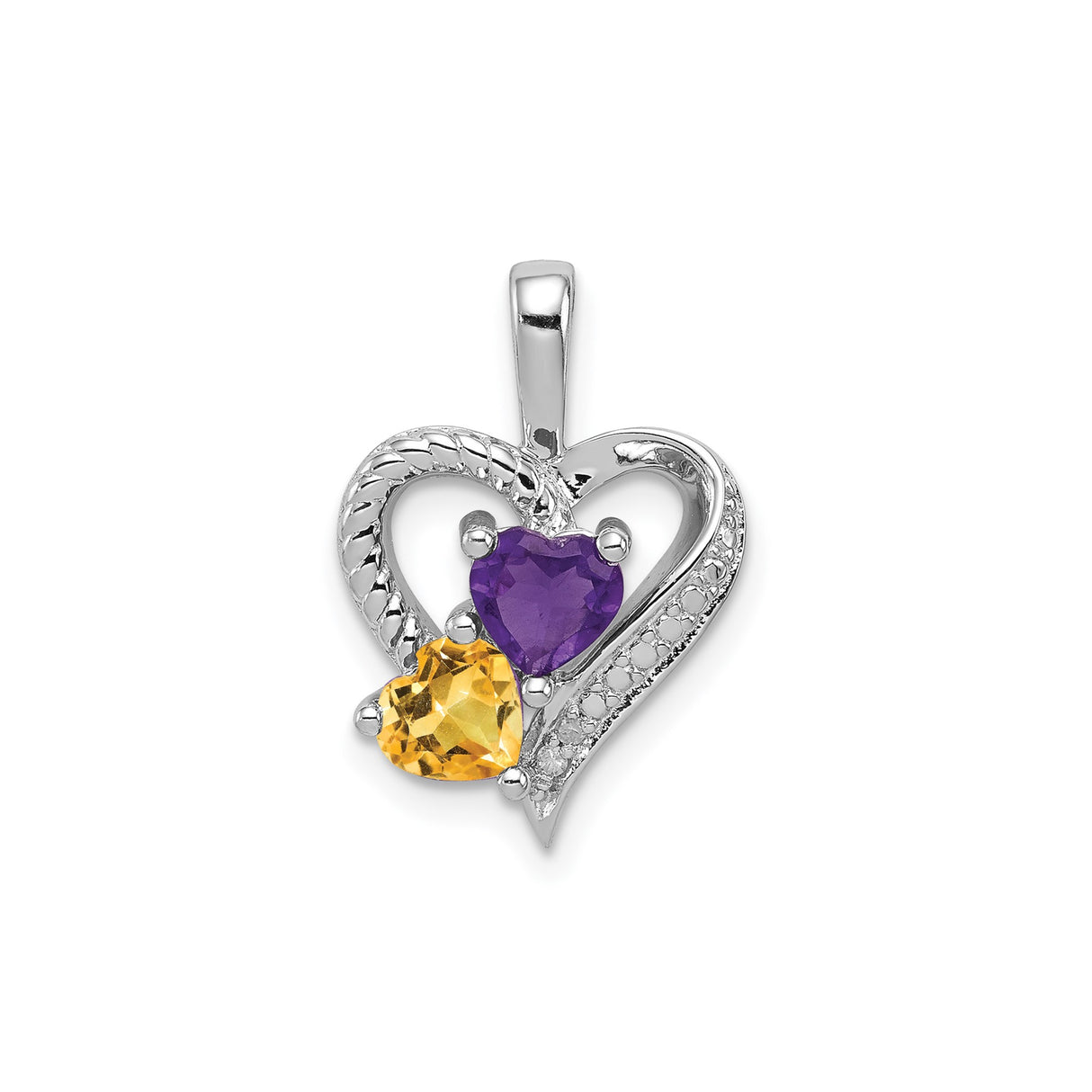Sterling Silver Heart Pendant with Amethyst and Citrine, Intertwined Open Heart Design