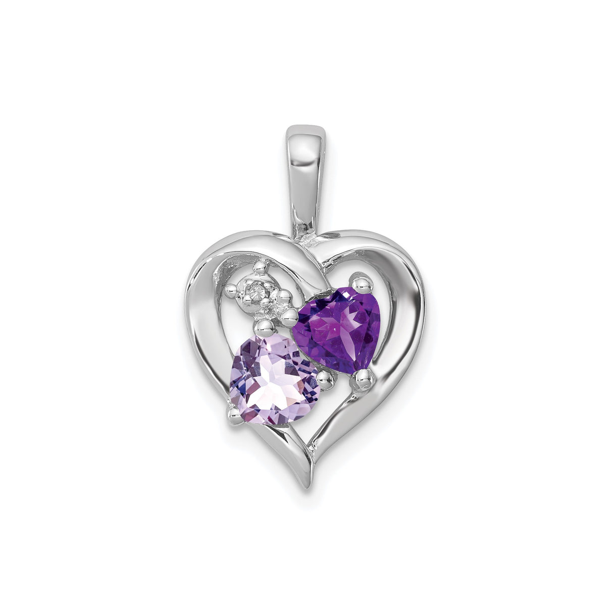 Sterling Silver Heart Pendant with Rose de France and Amethyst Stones, Diamond Accent