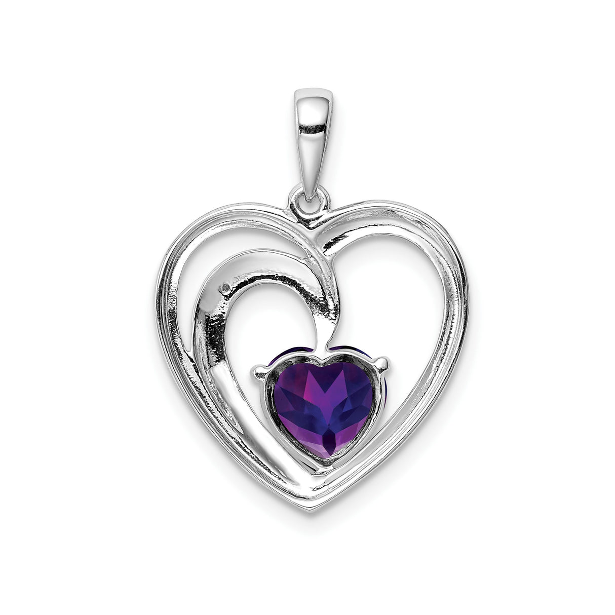 Sterling Silver Heart Pendant with Amethyst and Diamond, Double Heart Design for Women