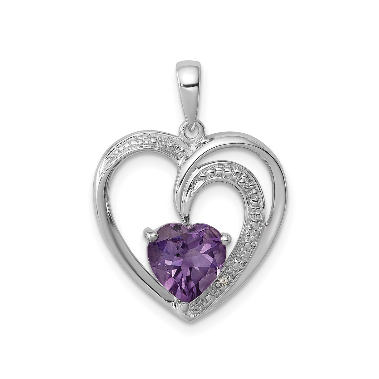 Sterling Silver Heart Pendant with Amethyst and Diamond, Double Heart Design for Women