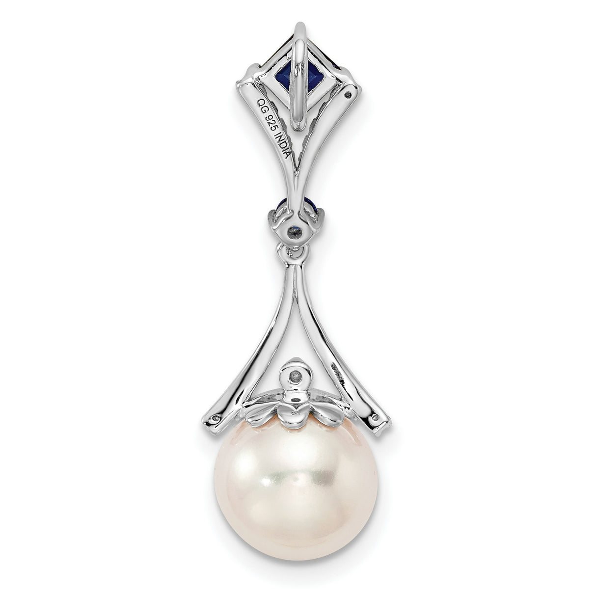 Sterling Silver Pendant with White Pearl, Blue Sapphire Accents, Diamonds Pavé