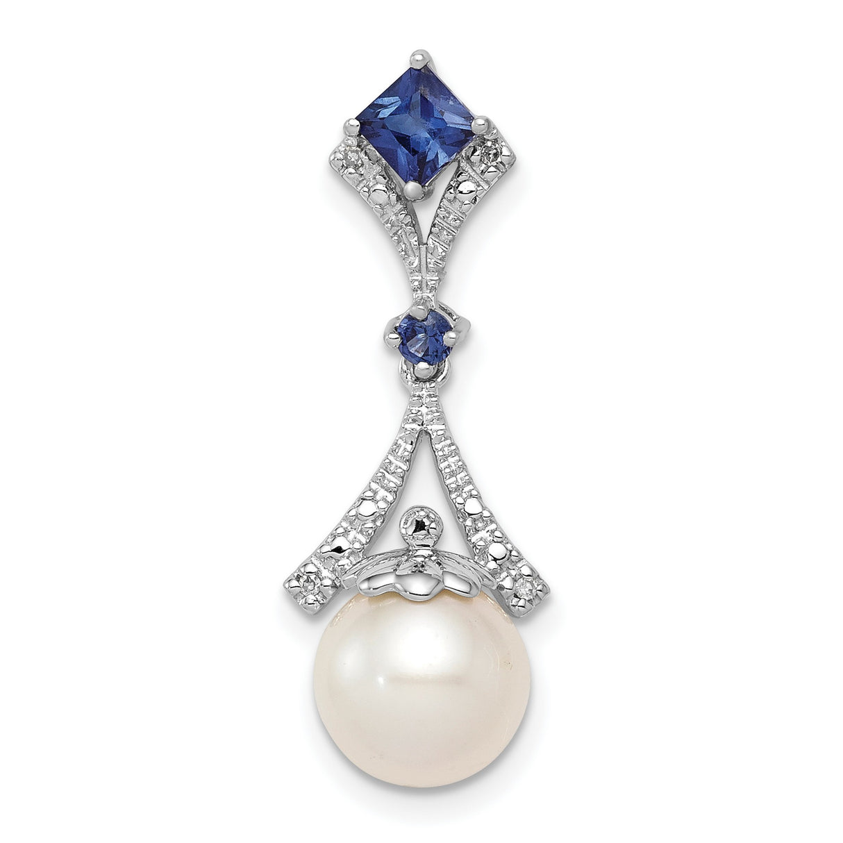 Sterling Silver Pendant with White Pearl, Blue Sapphire Accents, Cubic Zirconia Pavé