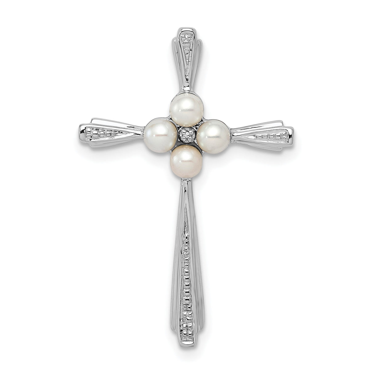 Sterling Silver Cross Pendant with White Pearl and Diamond, Modern Religious Style