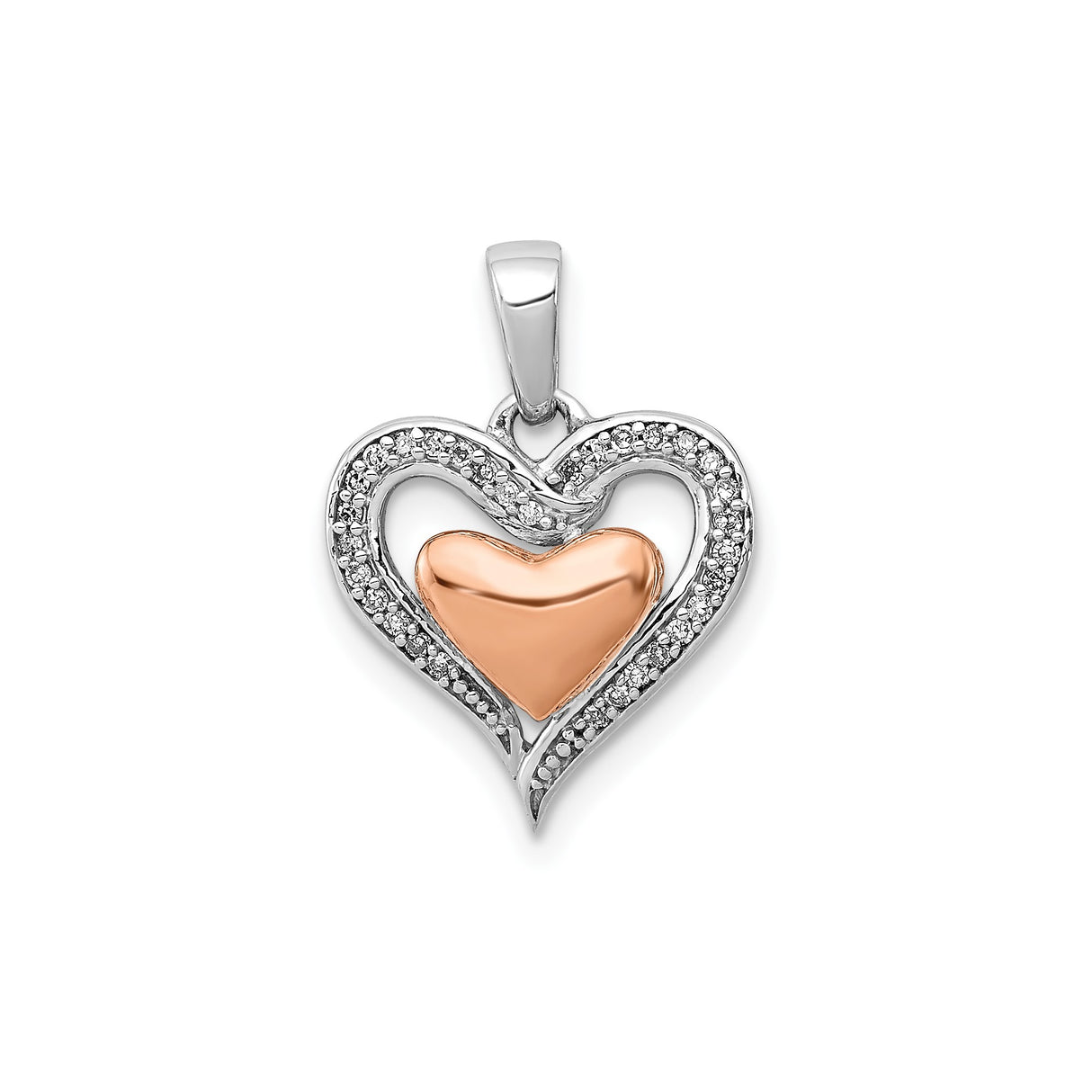 Sterling Silver Heart Pendant with Diamond Accents and Rose Gold Tone Center