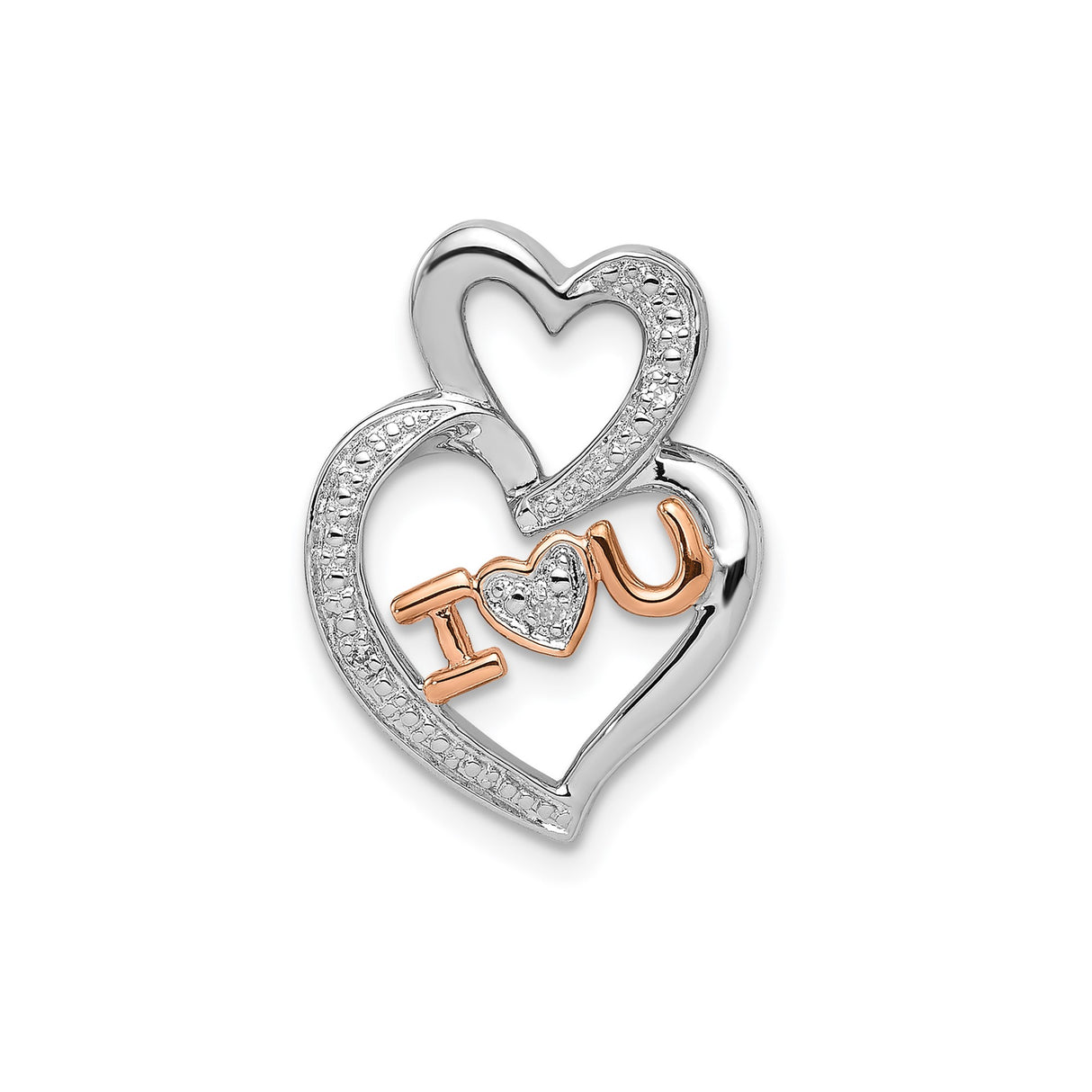 Sterling Silver Heart Pendant with Diamond, Interlocking Hearts and Rose Gold I Love You Accent