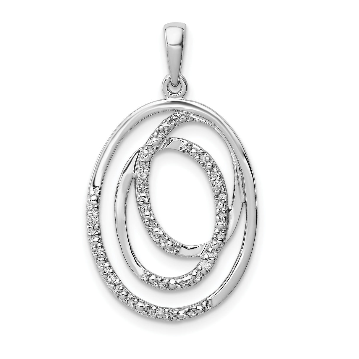 Sterling Silver Oval Pendant with Interlocking Open Circles and Diamond Accents, Modern Abstract Design