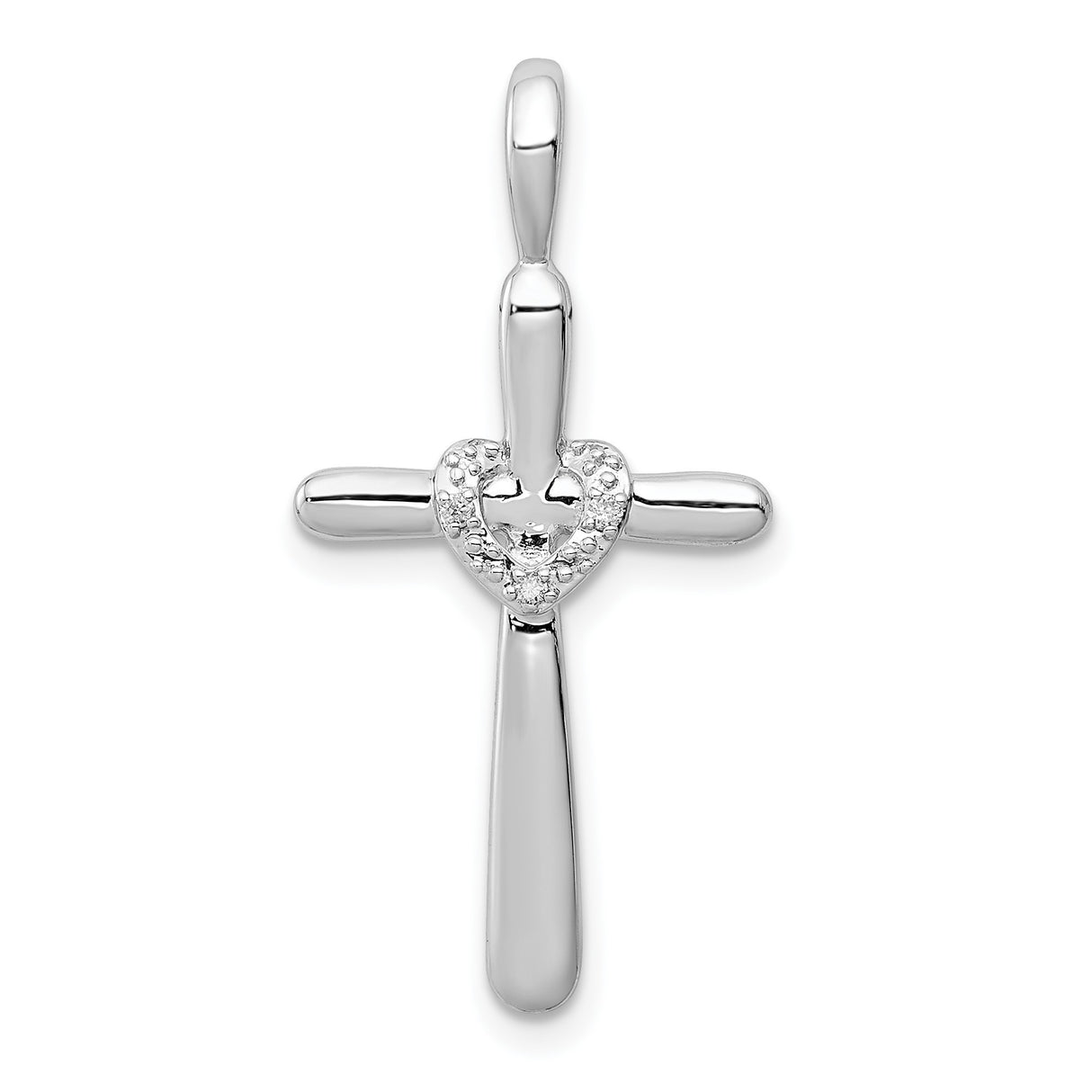 Sterling Silver Cross Pendant with Diamond Accent, Mirror Finish and Minimalist Heart Design