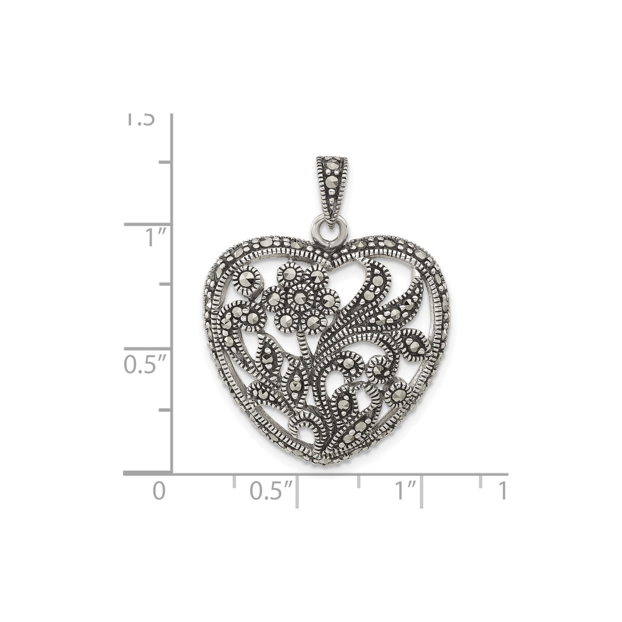Sterling Silver Heart Pendant with Marcasite and Filigree Floral Design