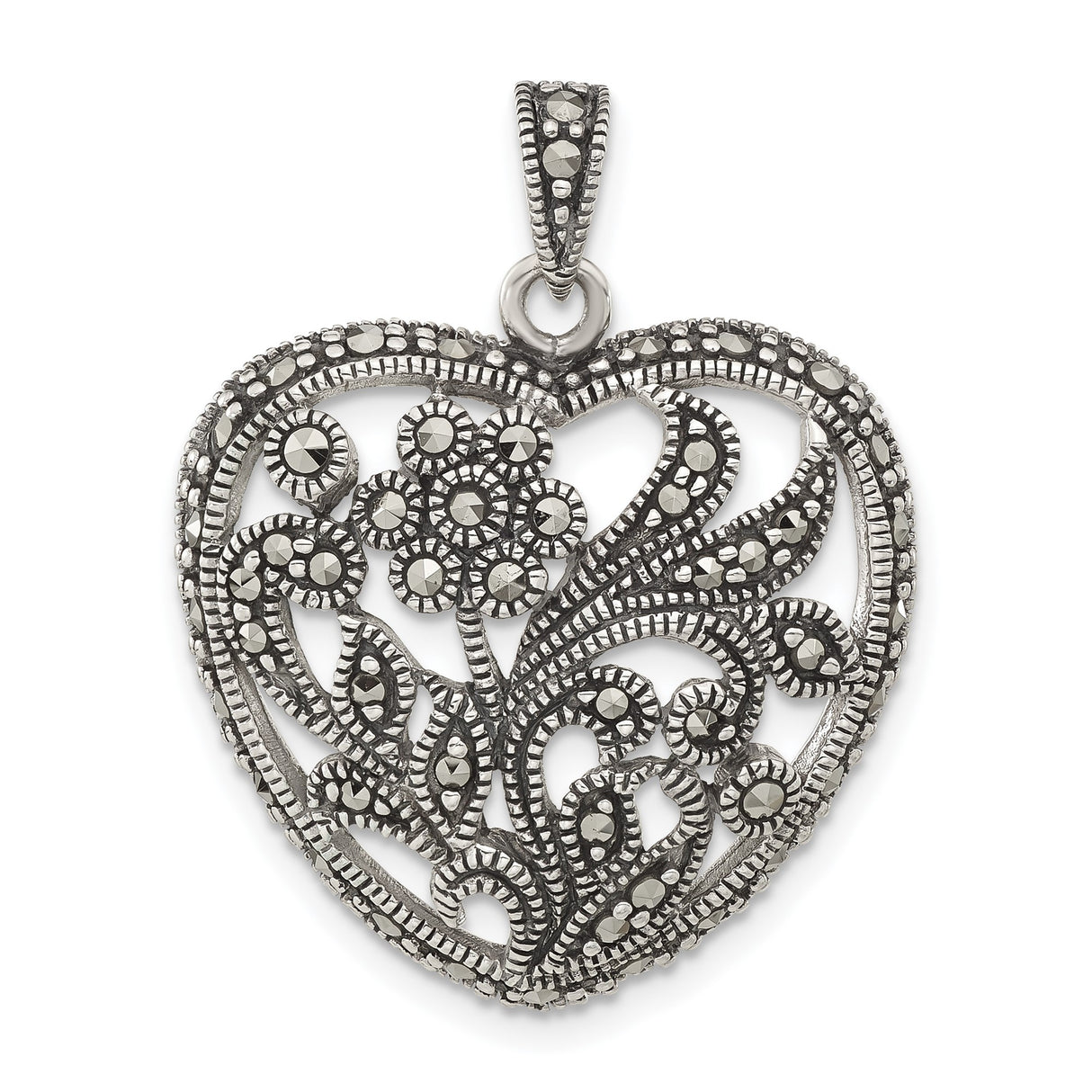 Sterling Silver Heart Pendant with Marcasite and Filigree Floral Design