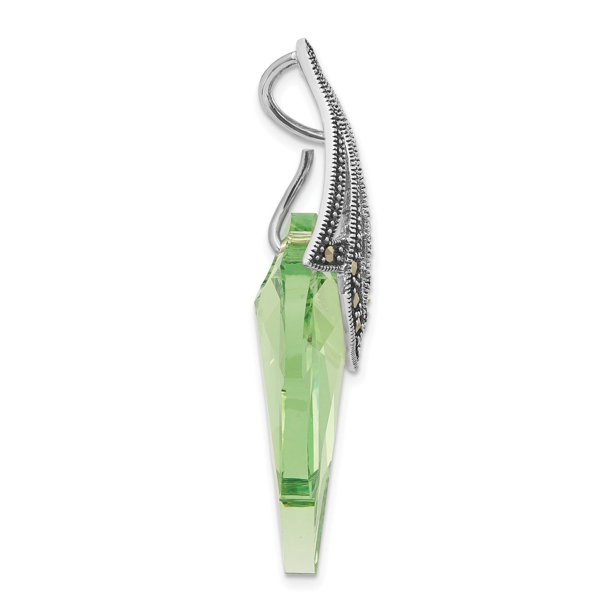 Sterling Silver Leaf Pendant with Green Crystal and Marcasite, Art Deco Botanical Design