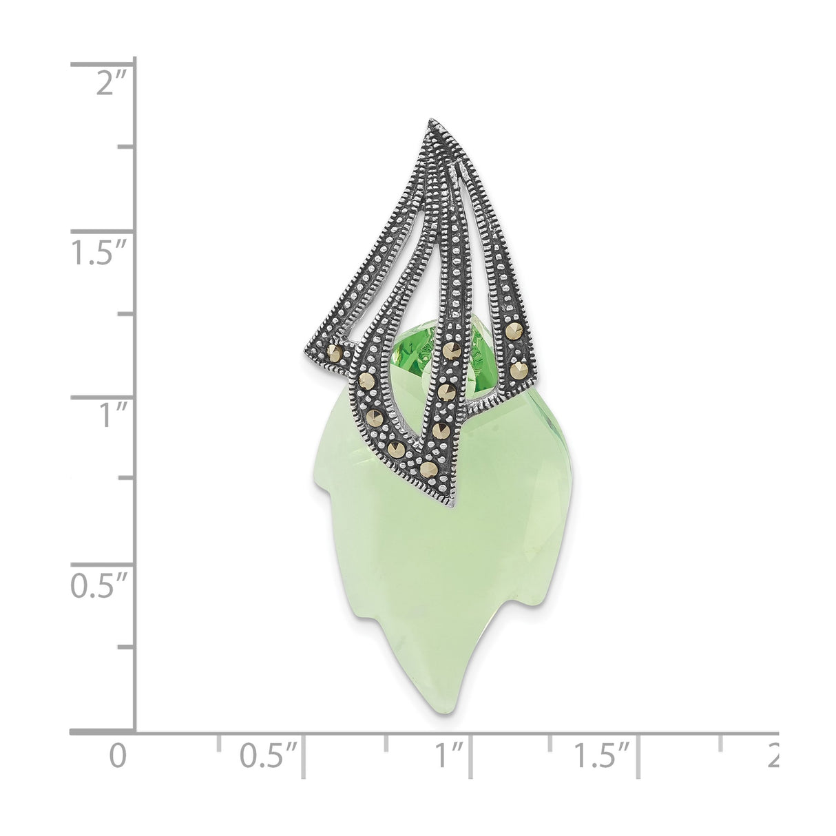 Sterling Silver Leaf Pendant with Green Crystal and Marcasite, Art Deco Botanical Design