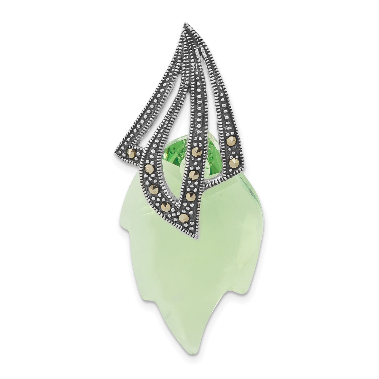 Sterling Silver Leaf Pendant with Green Crystal and Marcasite, Art Deco Botanical Design