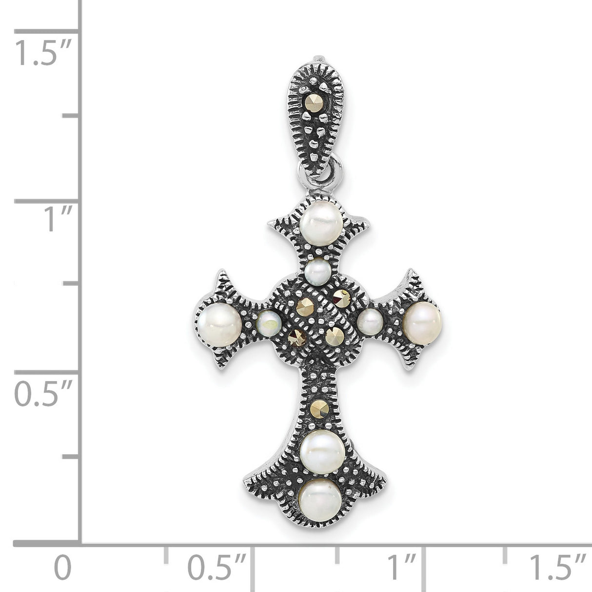 Marcasite and Cultured Pearl Cross Charm Pendant in Real 925 Sterling Silver