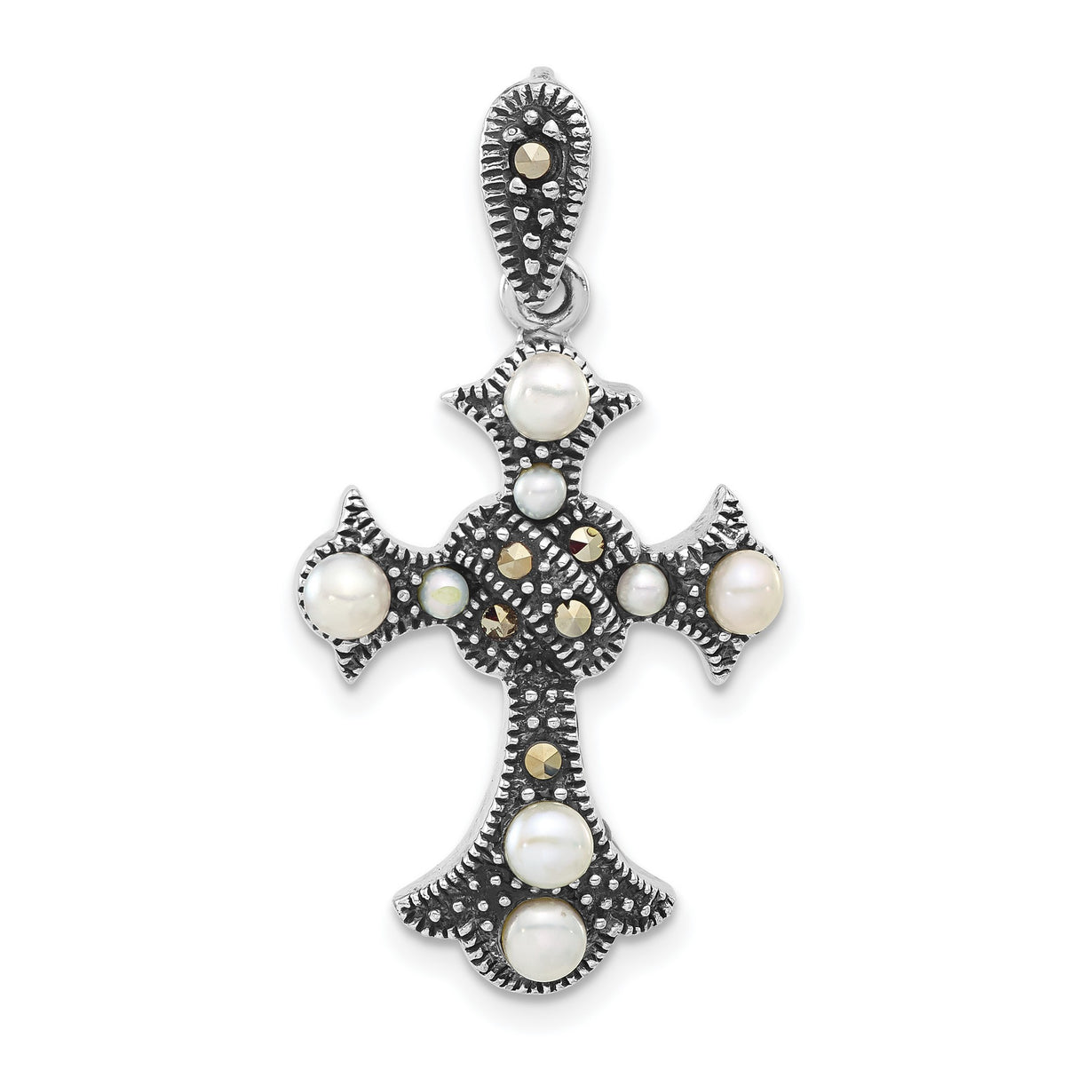 Marcasite and Cultured Pearl Cross Charm Pendant in Real 925 Sterling Silver