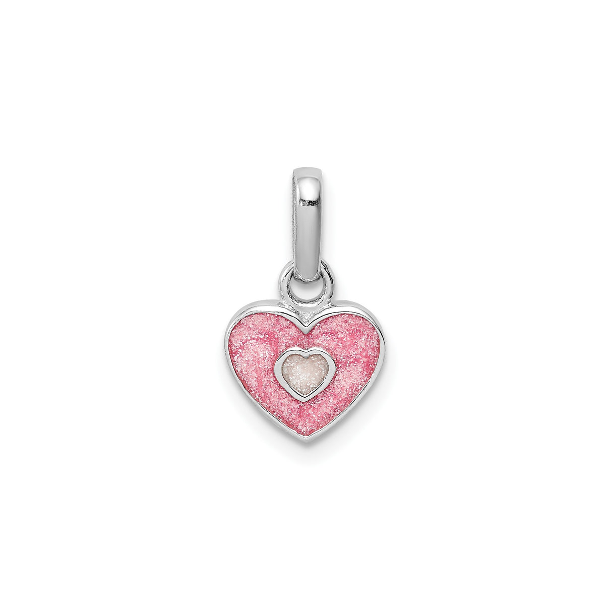 Sterling Silver Heart Pendant with Pink and White Glitter Enamel, Romantic Charm Jewelry for Women and Girls