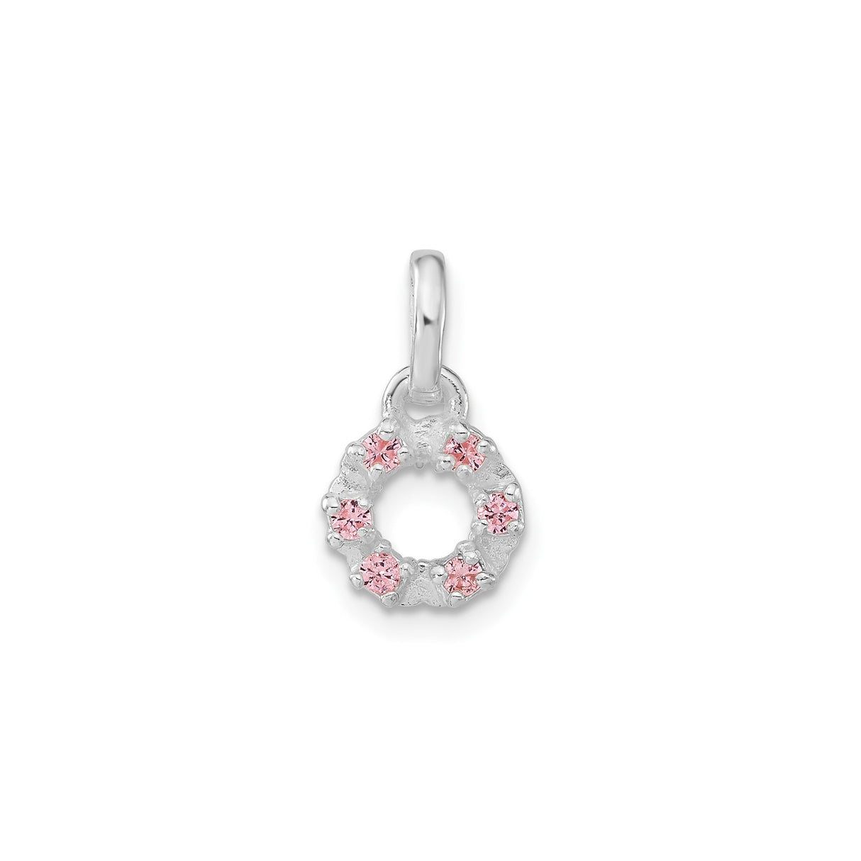 Sterling Silver Circle Pendant Charm with Pink Cubic Zirconia, Wreath Floral Design