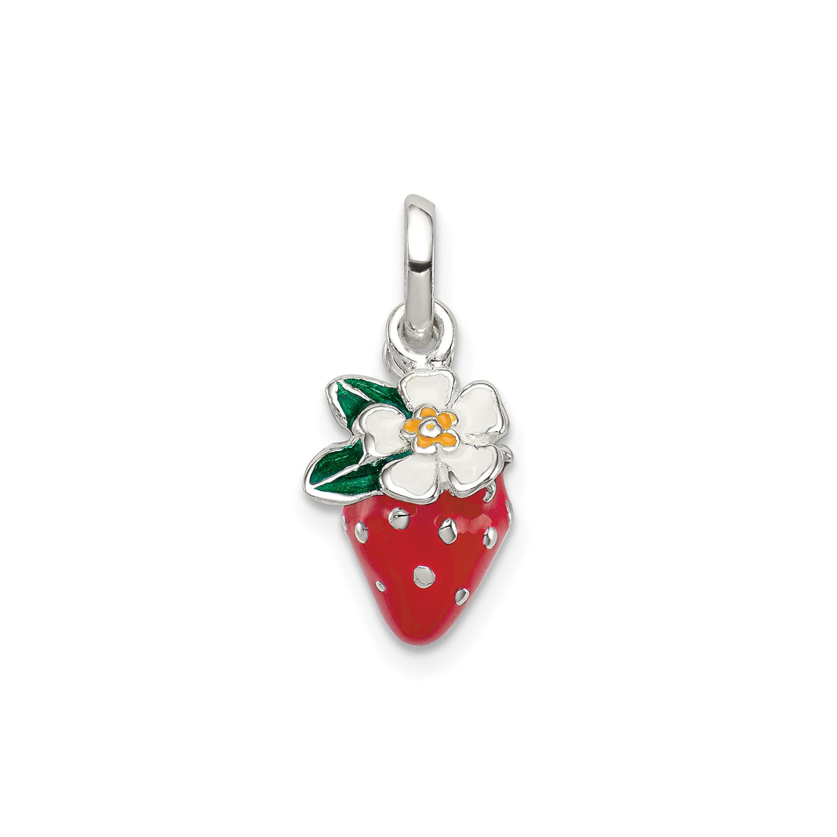 Sterling Silver Strawberry Pendant with Colorful Enamel Flower and Leaf Design