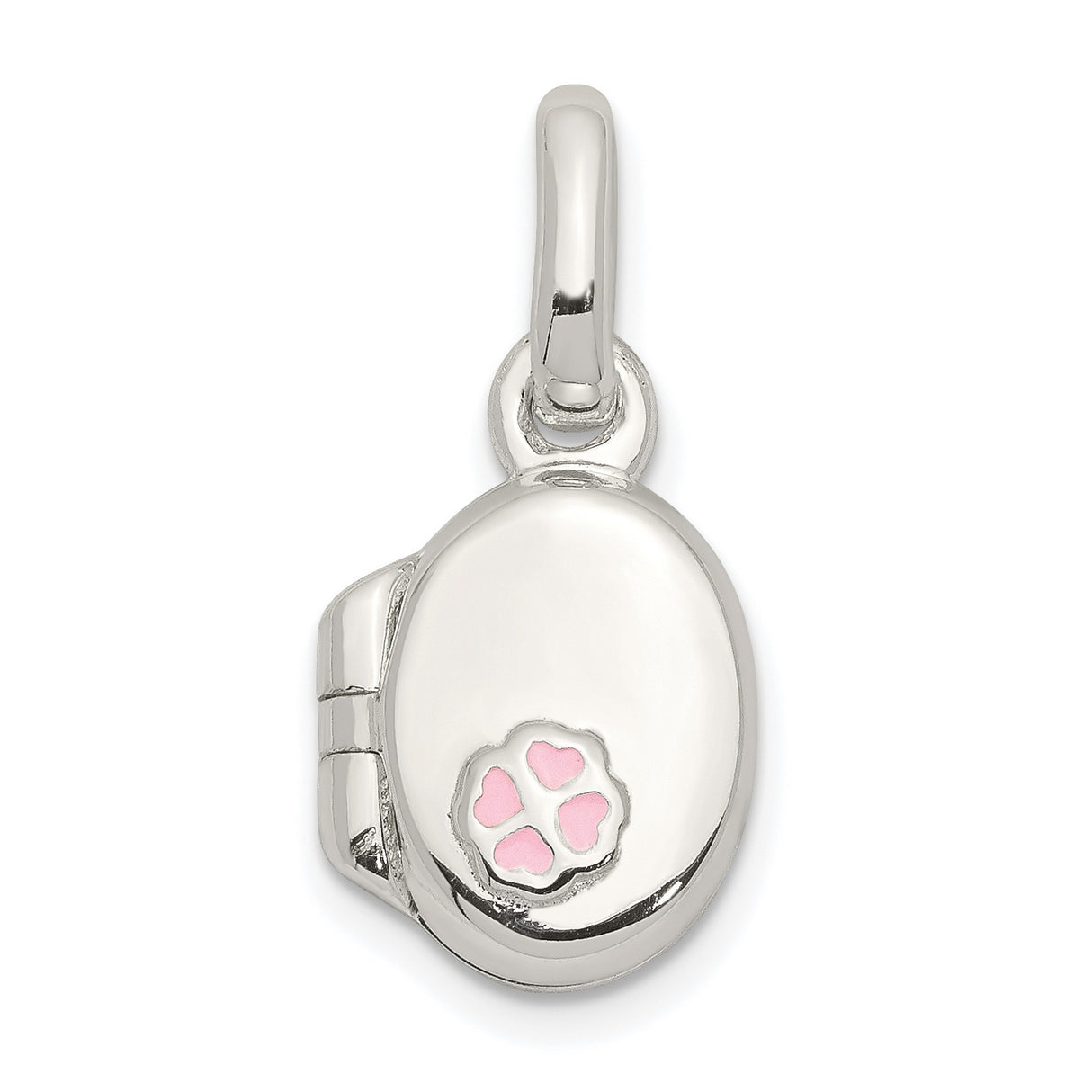 Sterling Silver Oval Locket Pendant with Pink Enamel Paw Print and Heart Pads, Pet Memory Jewelry