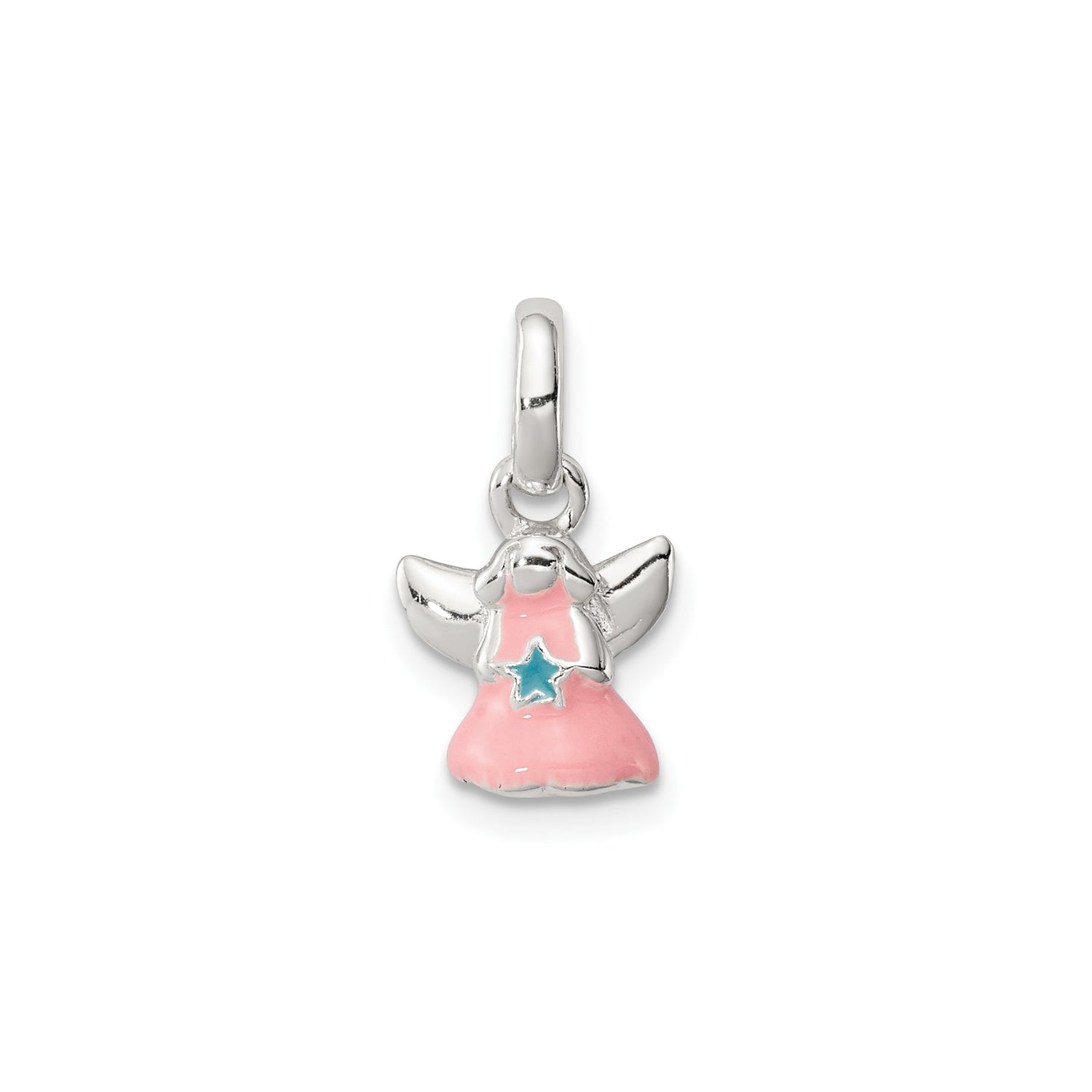 Sterling Silver Angel Pendant with Pink Enamel Dress and Blue Star for Girls