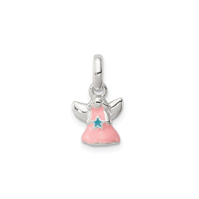 Sterling Silver Angel Pendant with Pink Enamel Dress and Blue Star for Girls