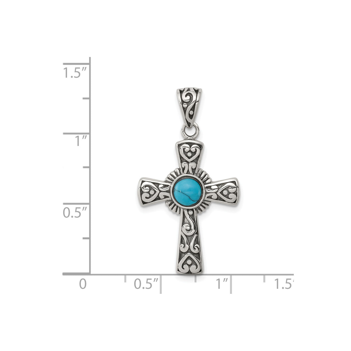 Sterling Silver Cross Pendant with Turquoise, Vintage Filigree Western Religious Style