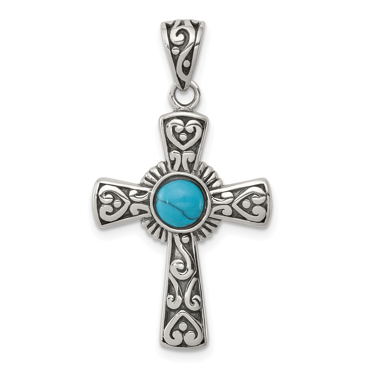 Sterling Silver Cross Pendant with Turquoise, Vintage Filigree Western Religious Style