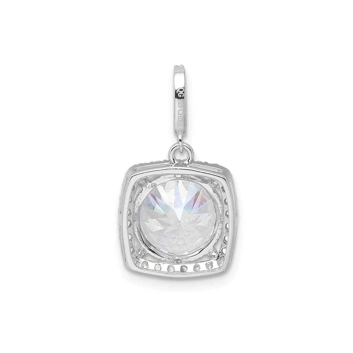 Sterling Silver Pendant with Large Round Cubic Zirconia, Square Halo Design for Women