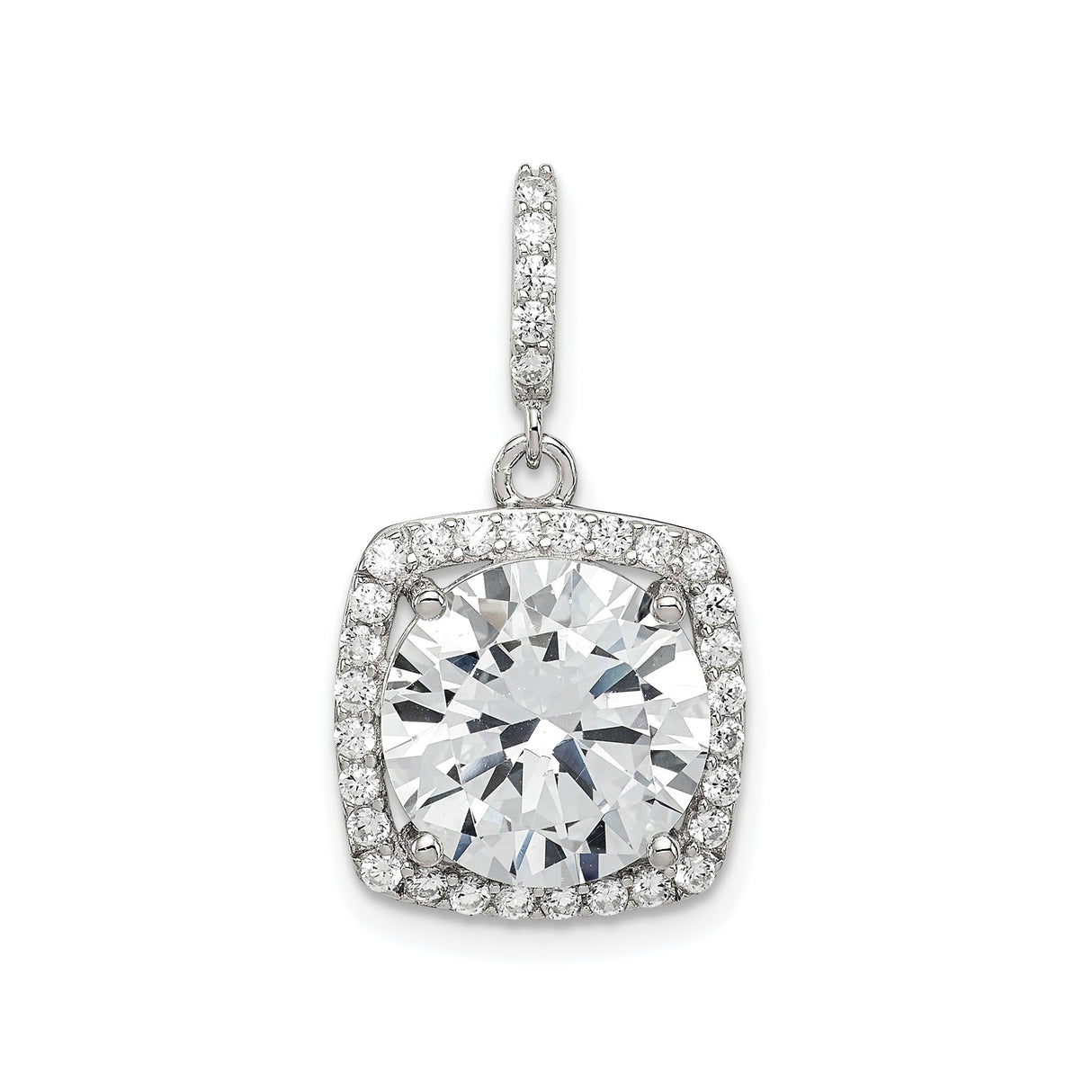 Sterling Silver Pendant with Large Round Cubic Zirconia, Square Halo Design for Women