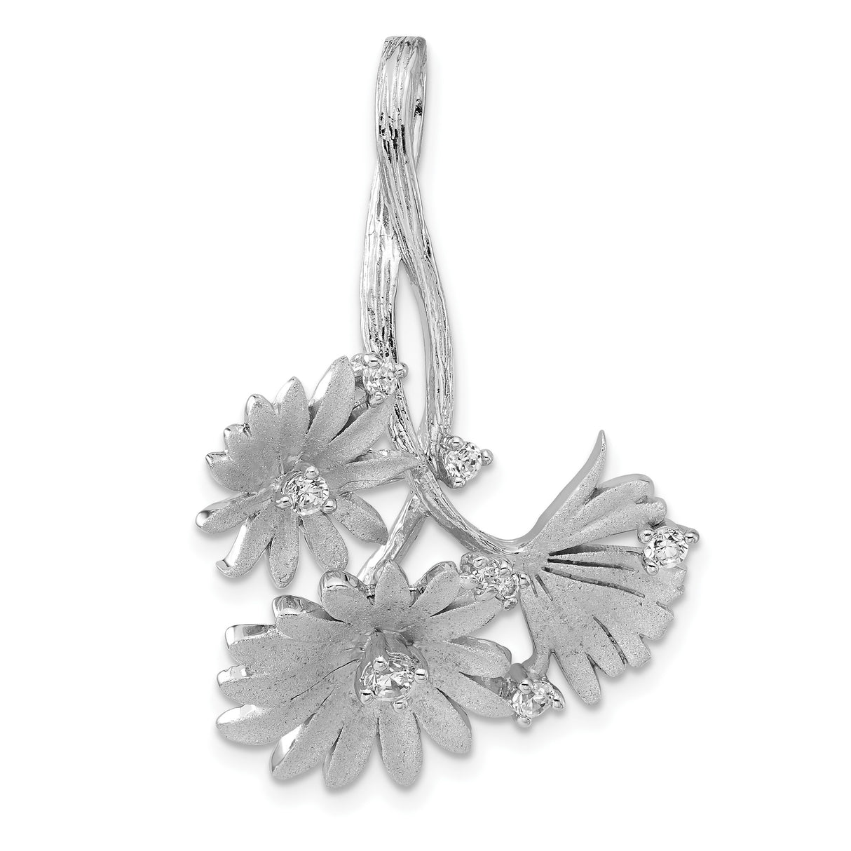Sterling Silver Pendant with Cubic Zirconia, Three Daisy Blossom Charms, Floral Garden Theme